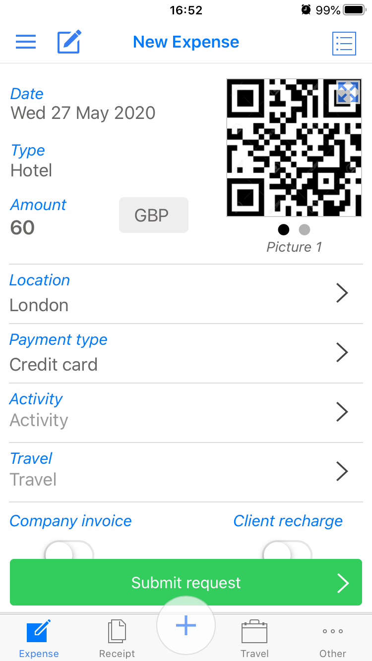 Expense report App receipt QRcode transfer booking tracker business reimbursement machine learning OCR